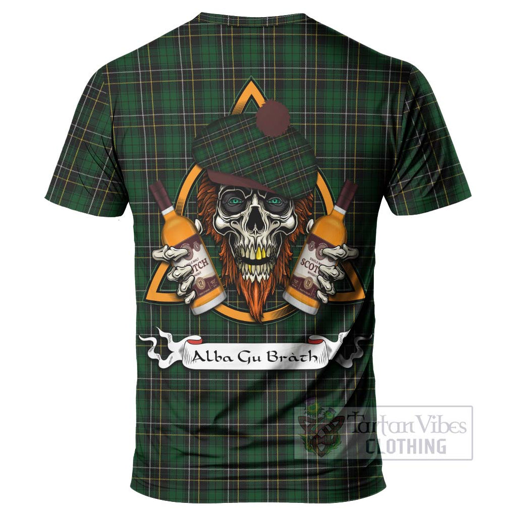 Tartan Vibes Clothing MacAlpine (MacAlpin) Tartan T-Shirt with Family Crest and Bearded Skull Holding Bottles of Whiskey