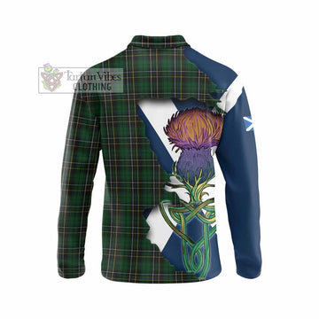 Tartan Vibes Clothing MacAlpine (MacAlpin) Tartan Family Crest Long Sleeve Polo Shirt Scottish Thistle Celtic Inspired