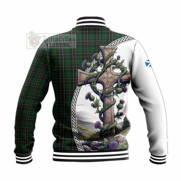 MacAlpine (MacAlpin) Tartan Baseball Jacket with Family Crest and St. Andrew's Cross Accented by Thistle Vines - Tartan Vibes Clothing