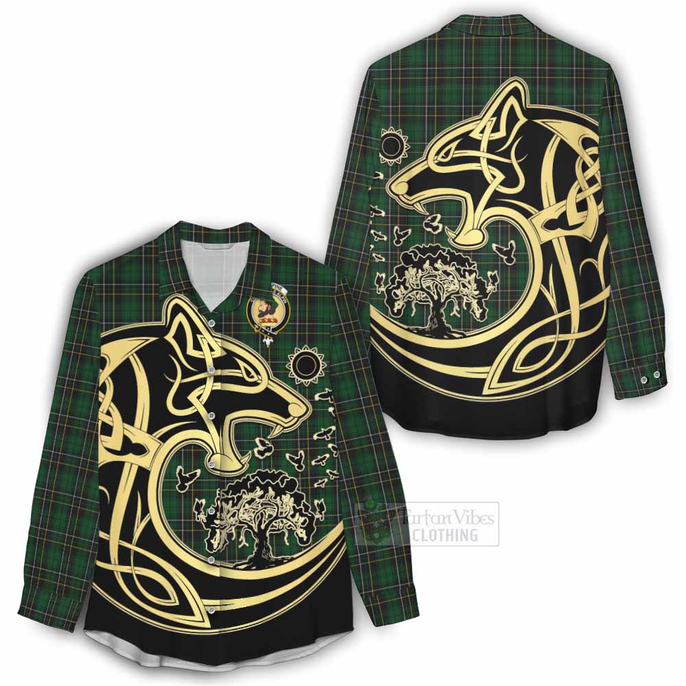 Tartan Vibes Clothing MacAlpine (MacAlpin) Tartan Women's Casual Shirt with Family Crest Celtic Wolf Style