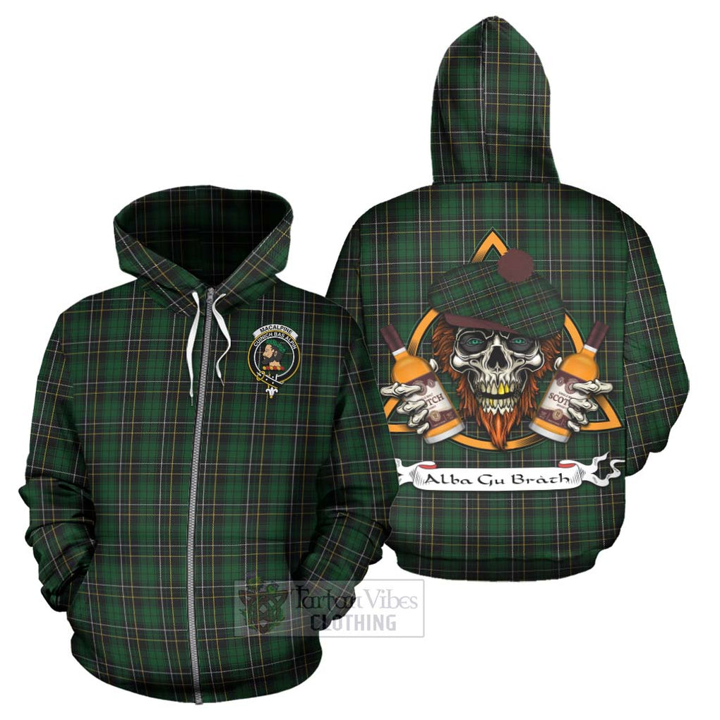 Tartan Vibes Clothing MacAlpine (MacAlpin) Tartan Hoodie with Family Crest and Bearded Skull Holding Bottles of Whiskey