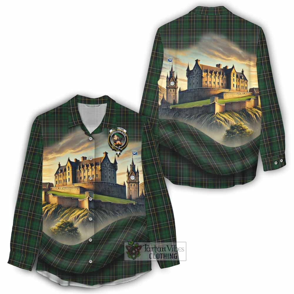 Tartan Vibes Clothing MacAlpine (MacAlpin) Tartan Family Crest Women's Casual Shirt with Scottish Ancient Castle Style