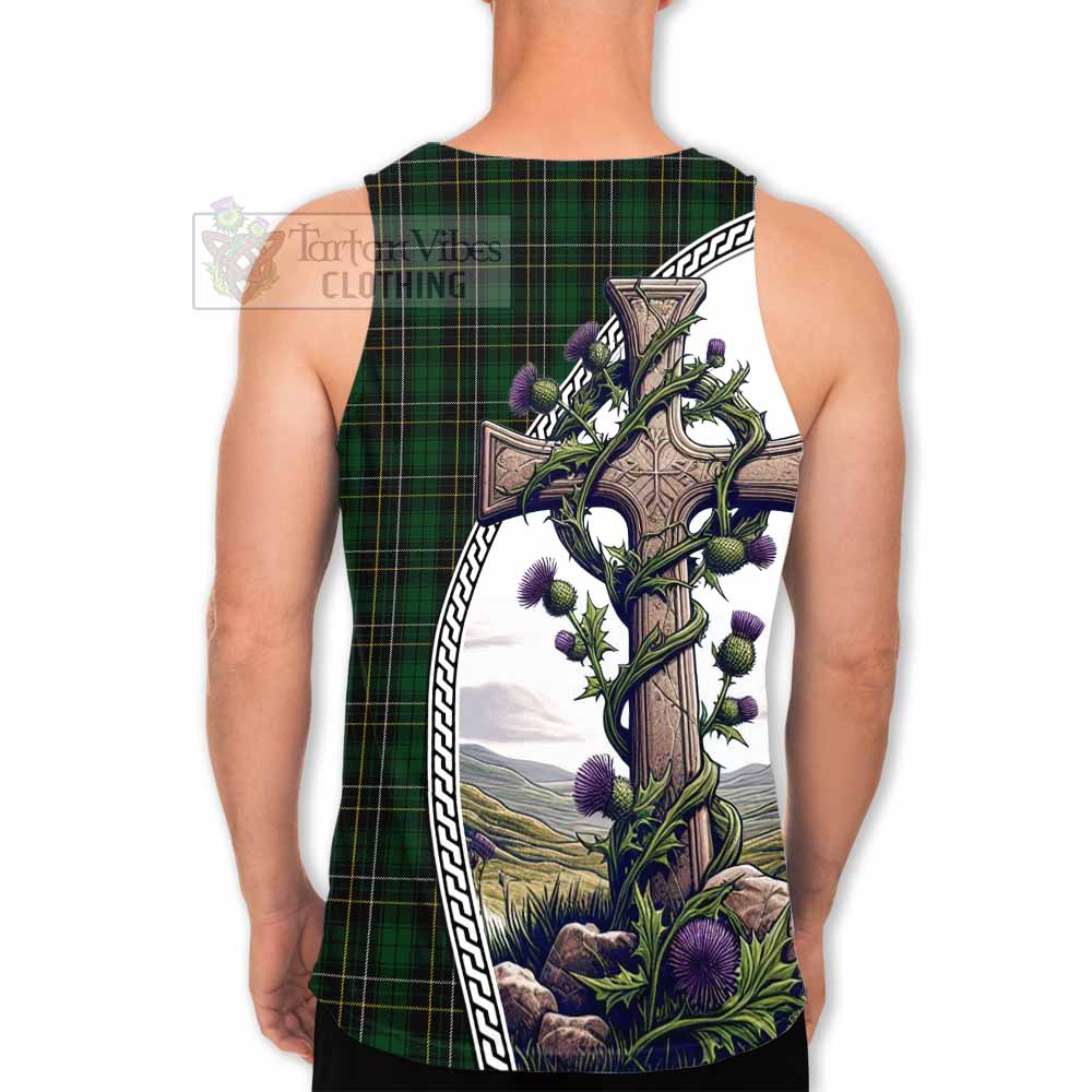 Tartan Vibes Clothing MacAlpine (MacAlpin) Tartan Men's Tank Top with Family Crest and St. Andrew's Cross Accented by Thistle Vines