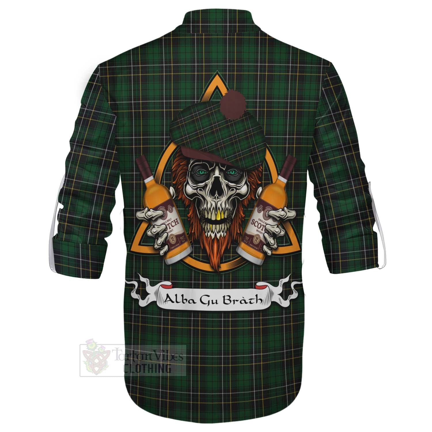 Tartan Vibes Clothing MacAlpine (MacAlpin) Tartan Ghillie Kilt Shirt with Family Crest and Bearded Skull Holding Bottles of Whiskey