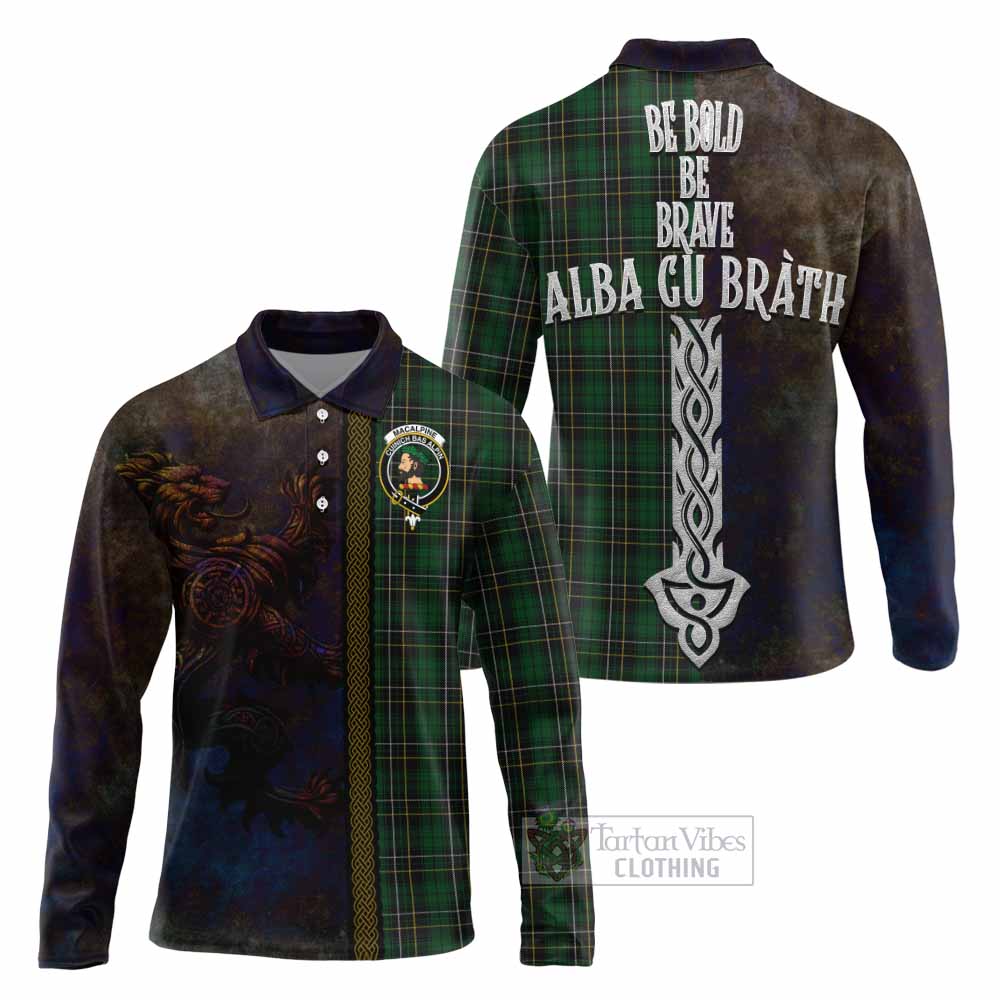 Tartan Vibes Clothing MacAlpine (MacAlpin) Tartan Family Crest Long Sleeve Polo Shirt Alba Gu Brath Be Brave Lion Ancient Style