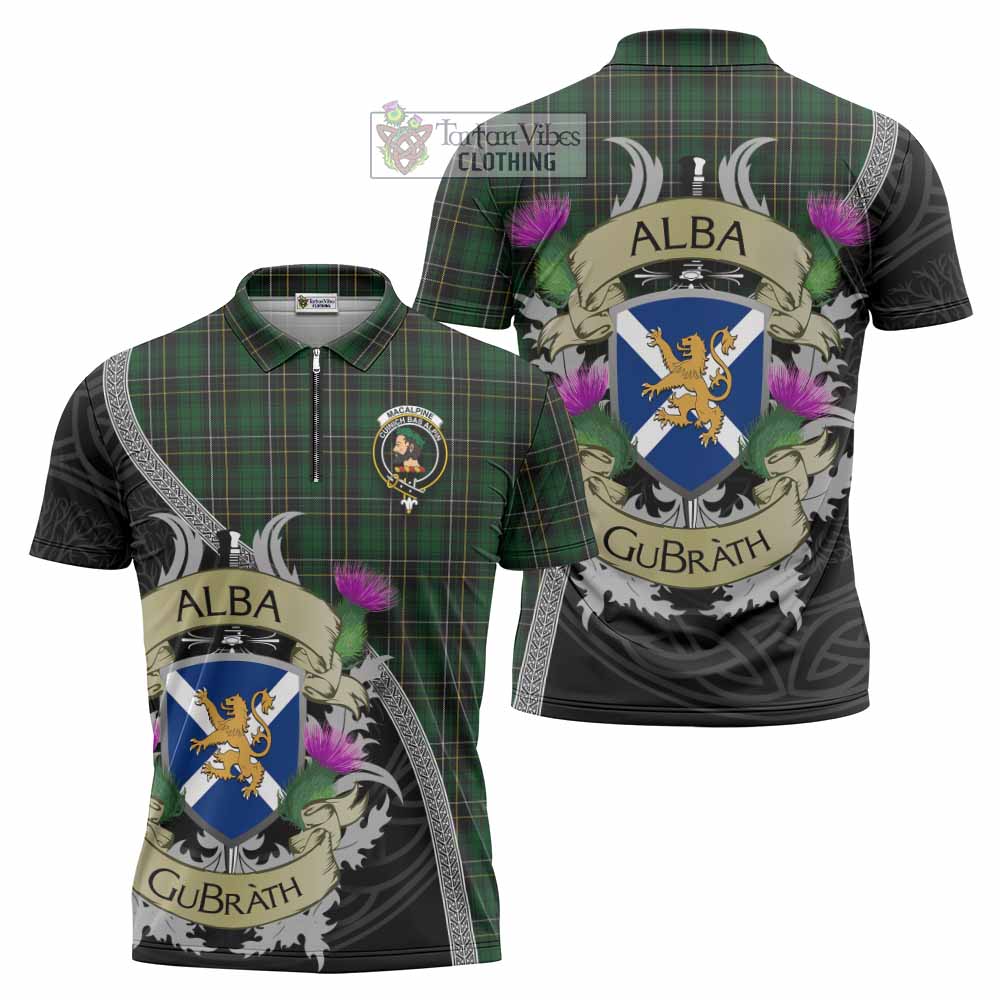Tartan Vibes Clothing MacAlpine (MacAlpin) Tartan Family Crest Zipper Polo Shirt Lion Rampant Royal Thistle Shield Celtic Inspired