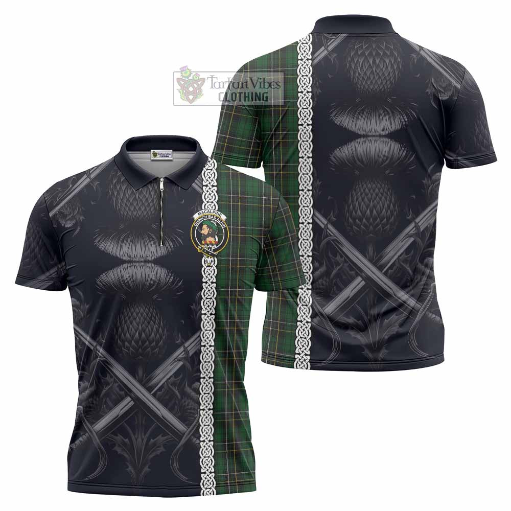 Tartan Vibes Clothing MacAlpine (MacAlpin) Tartan Zipper Polo Shirt with Family Crest Cross Sword Thistle Celtic Vibes