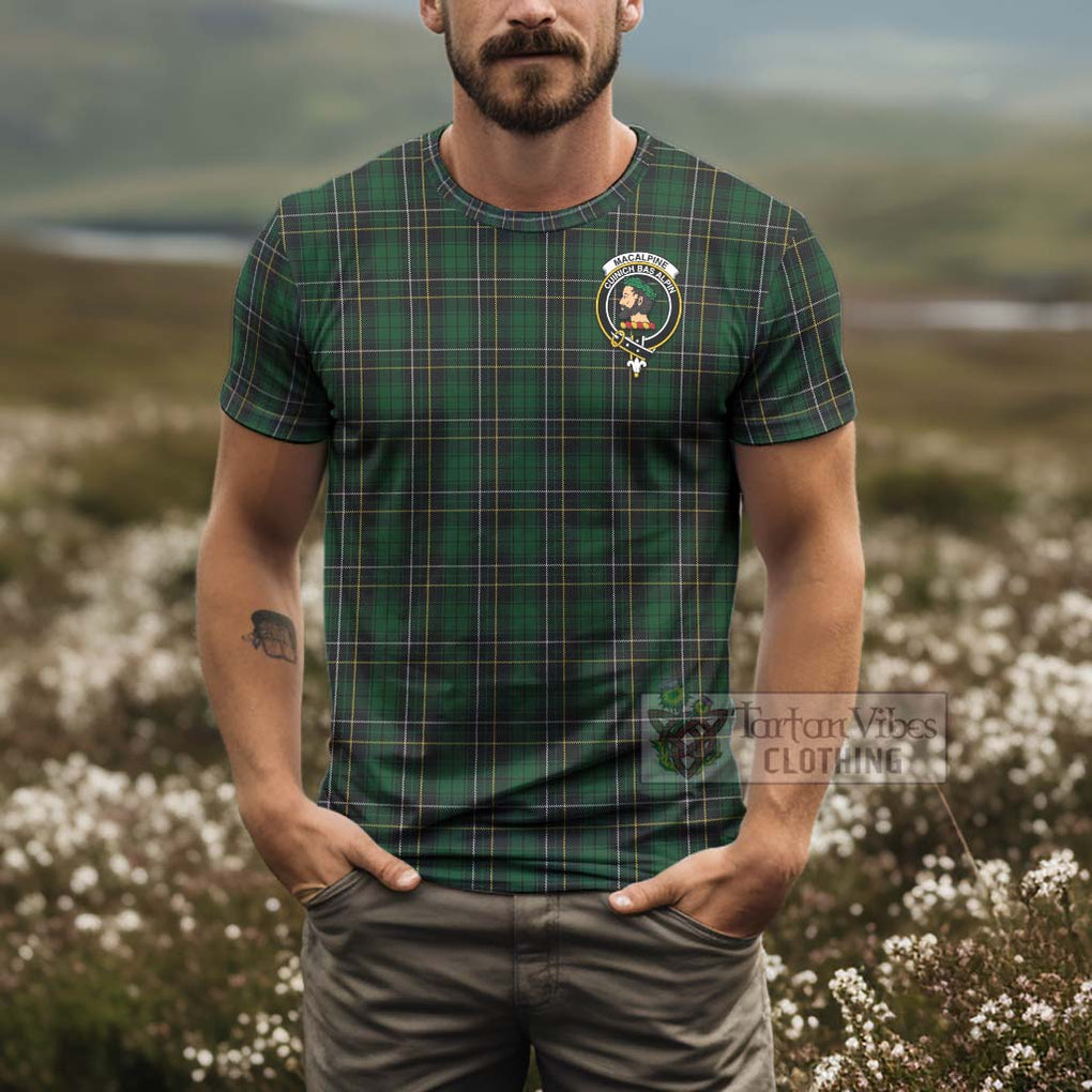 Tartan Vibes Clothing MacAlpine (MacAlpin) Tartan T-Shirt with Family Crest and Bearded Skull Holding Bottles of Whiskey