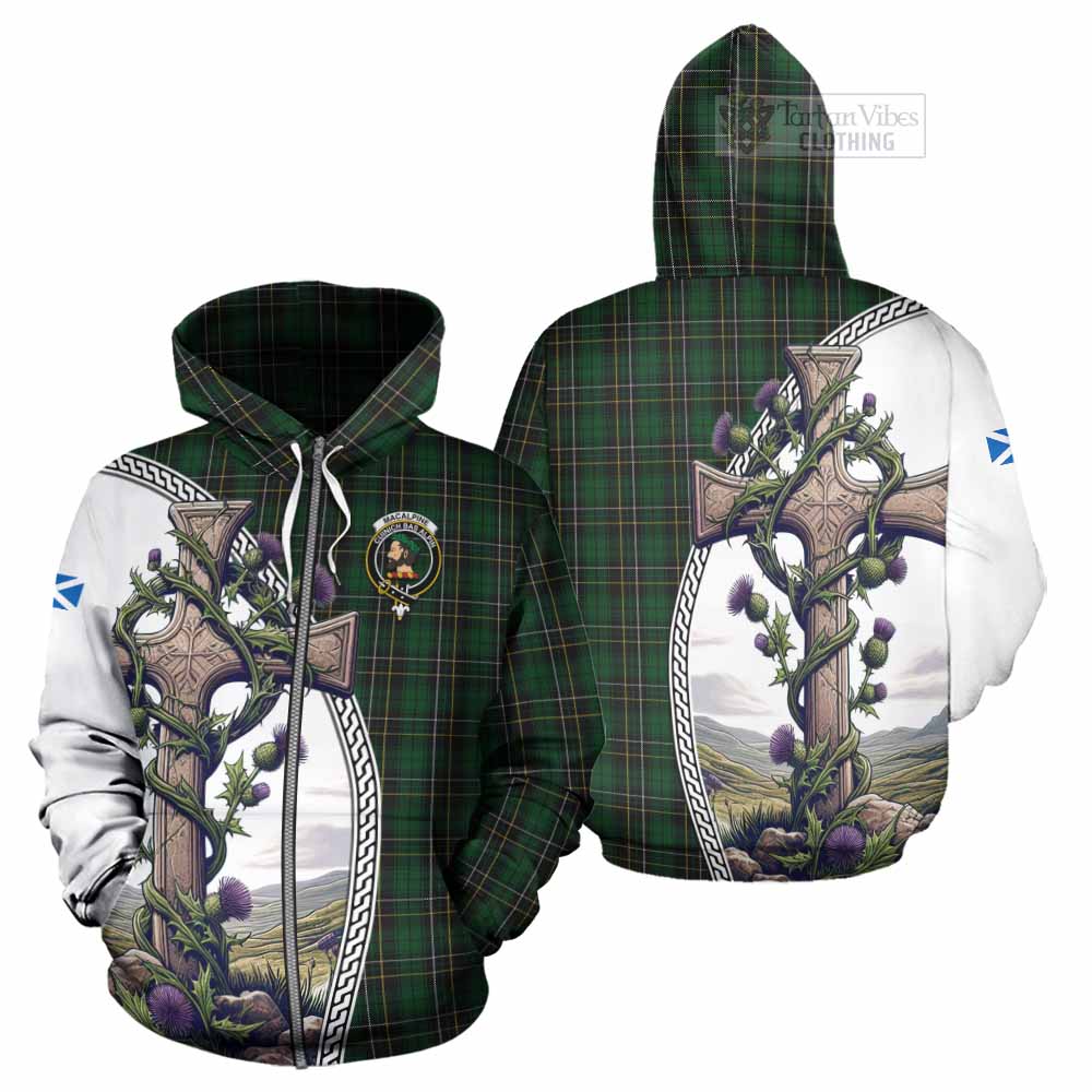 Tartan Vibes Clothing MacAlpine (MacAlpin) Tartan Hoodie with Family Crest and St. Andrew's Cross Accented by Thistle Vines