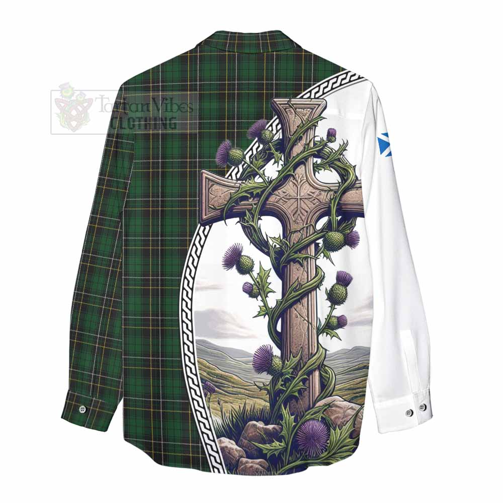 Tartan Vibes Clothing MacAlpine (MacAlpin) Tartan Women's Casual Shirt with Family Crest and St. Andrew's Cross Accented by Thistle Vines