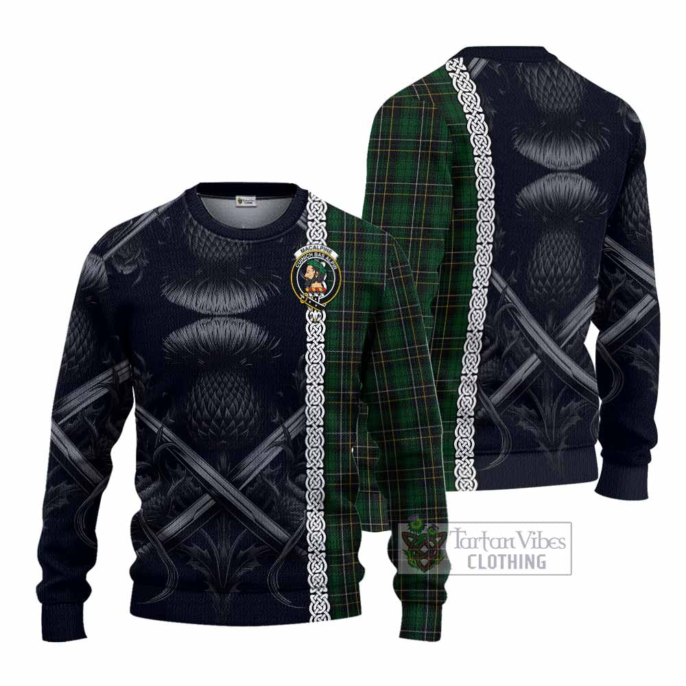 Tartan Vibes Clothing MacAlpine (MacAlpin) Tartan Knitted Sweater with Family Crest Cross Sword Thistle Celtic Vibes