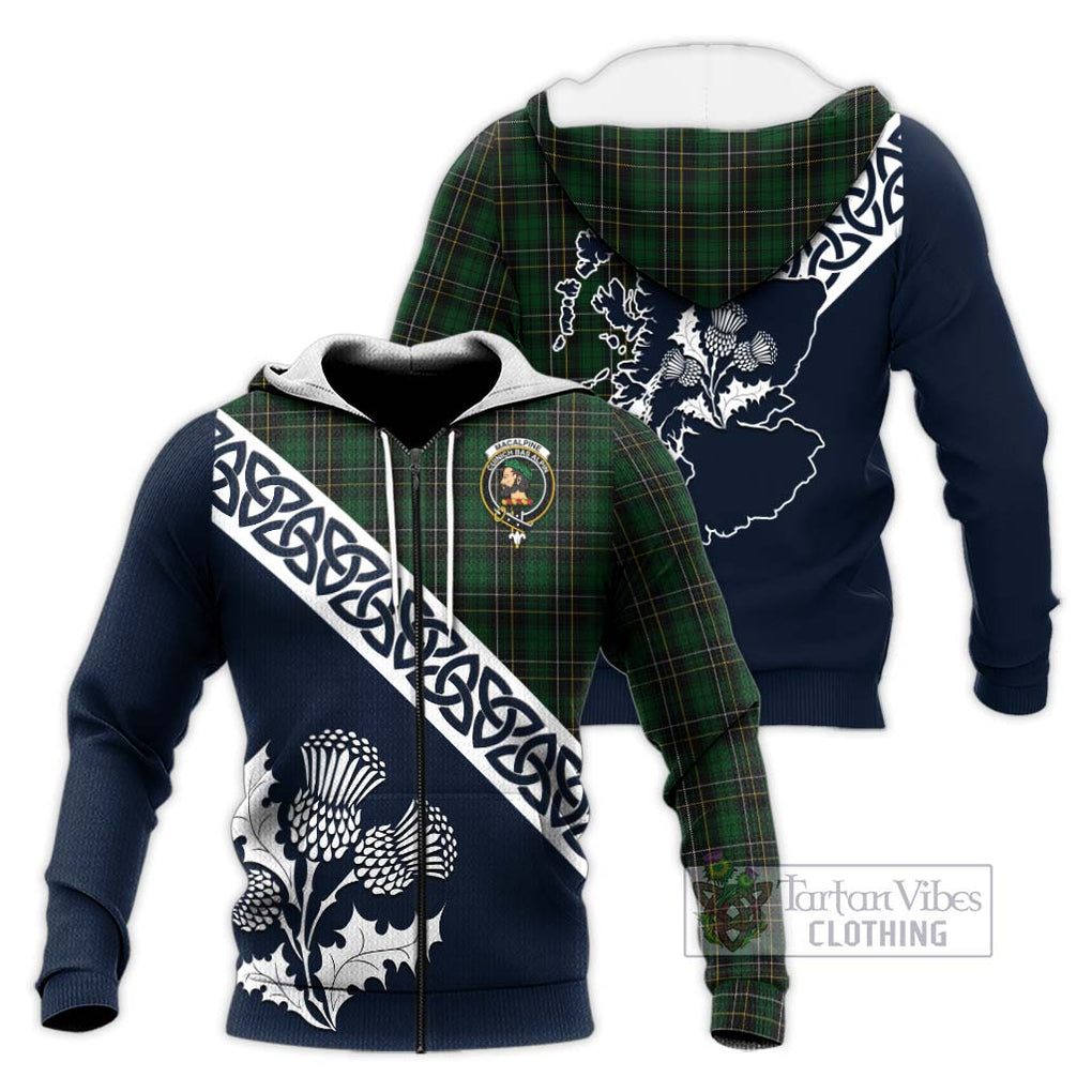 Tartan Vibes Clothing MacAlpine (MacAlpin) Tartan Knitted Hoodie Featuring Thistle and Scotland Map
