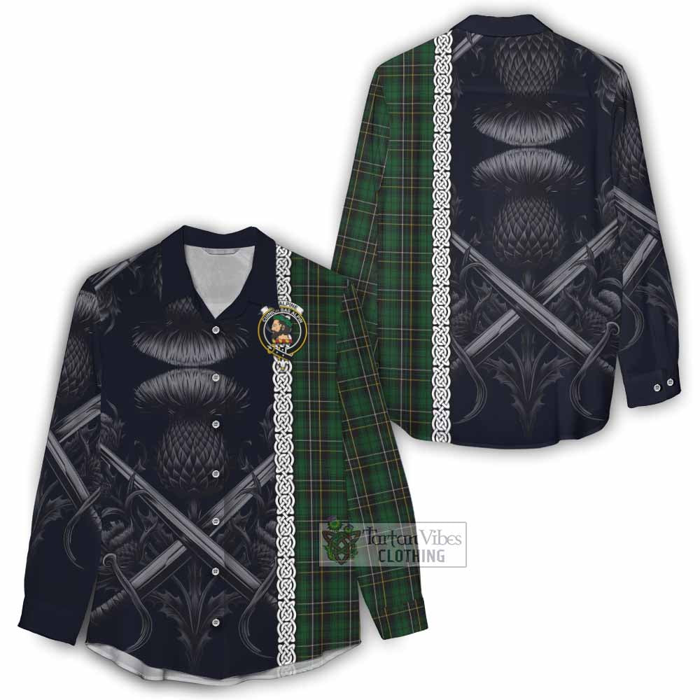 Tartan Vibes Clothing MacAlpine (MacAlpin) Tartan Women's Casual Shirt with Family Crest Cross Sword Thistle Celtic Vibes