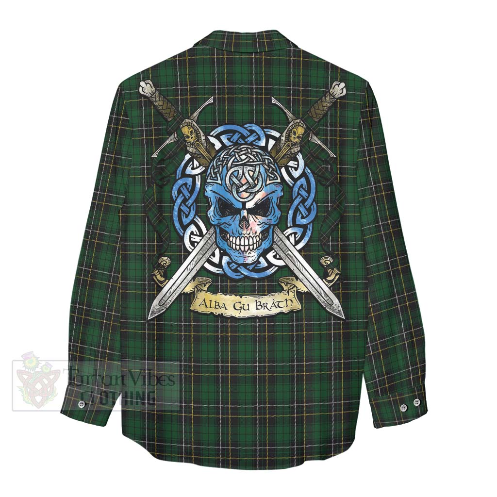 Tartan Vibes Clothing MacAlpine (MacAlpin) Tartan Women's Casual Shirt with Family Crest Celtic Skull Style