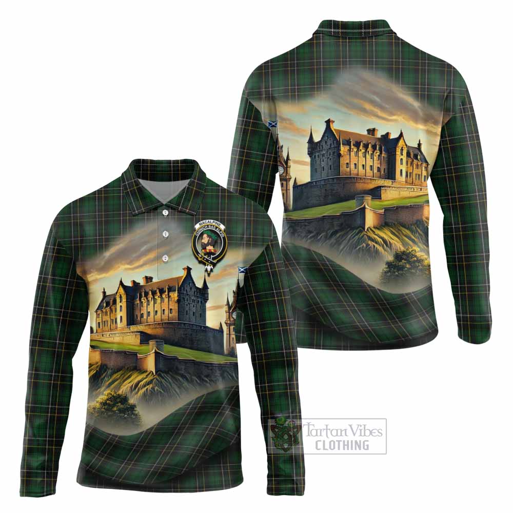 Tartan Vibes Clothing MacAlpine (MacAlpin) Tartan Family Crest Long Sleeve Polo Shirt with Scottish Ancient Castle Style