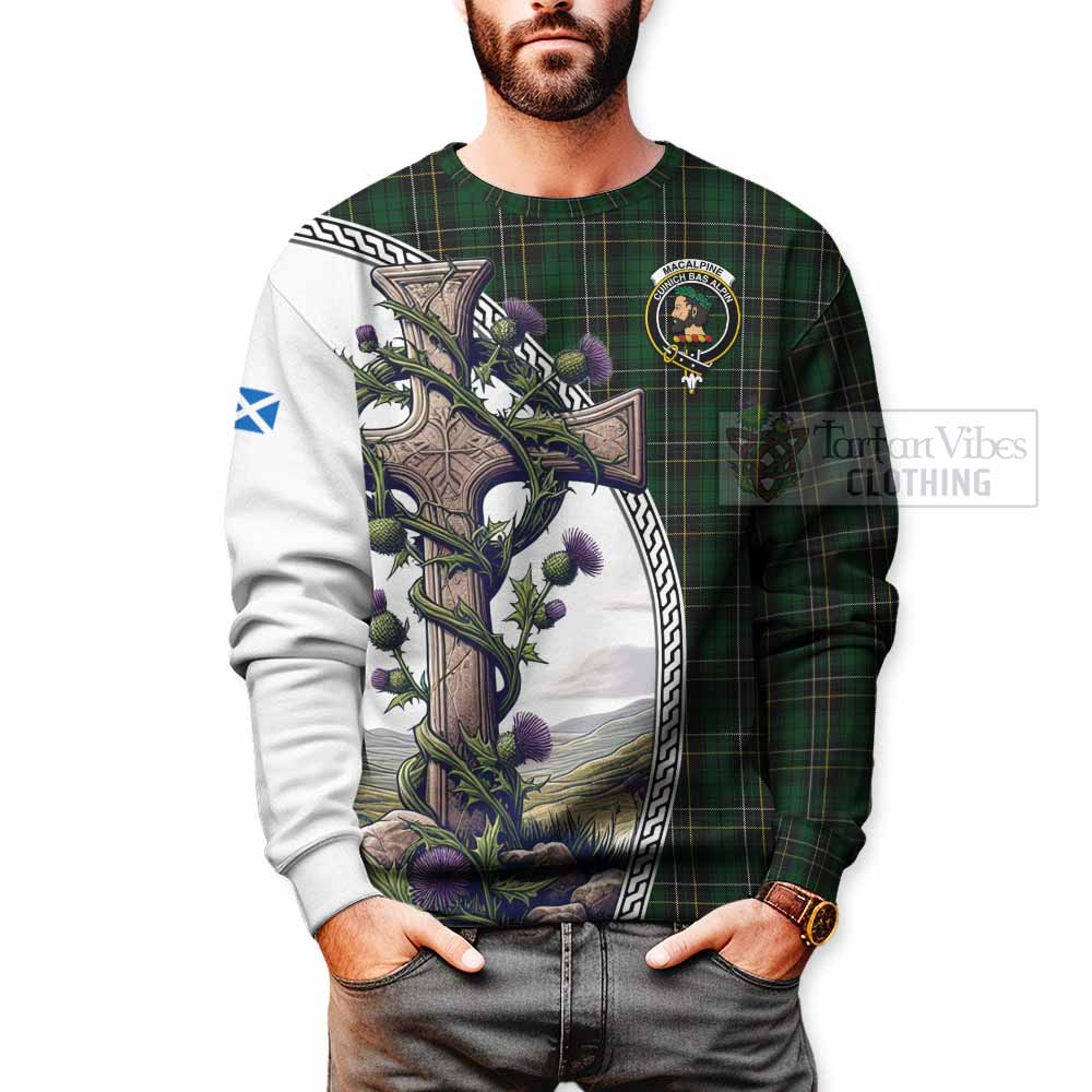MacAlpine (MacAlpin) Tartan Sweatshirt with Family Crest and St. Andrew's Cross Accented by Thistle Vines - Tartan Vibes Clothing