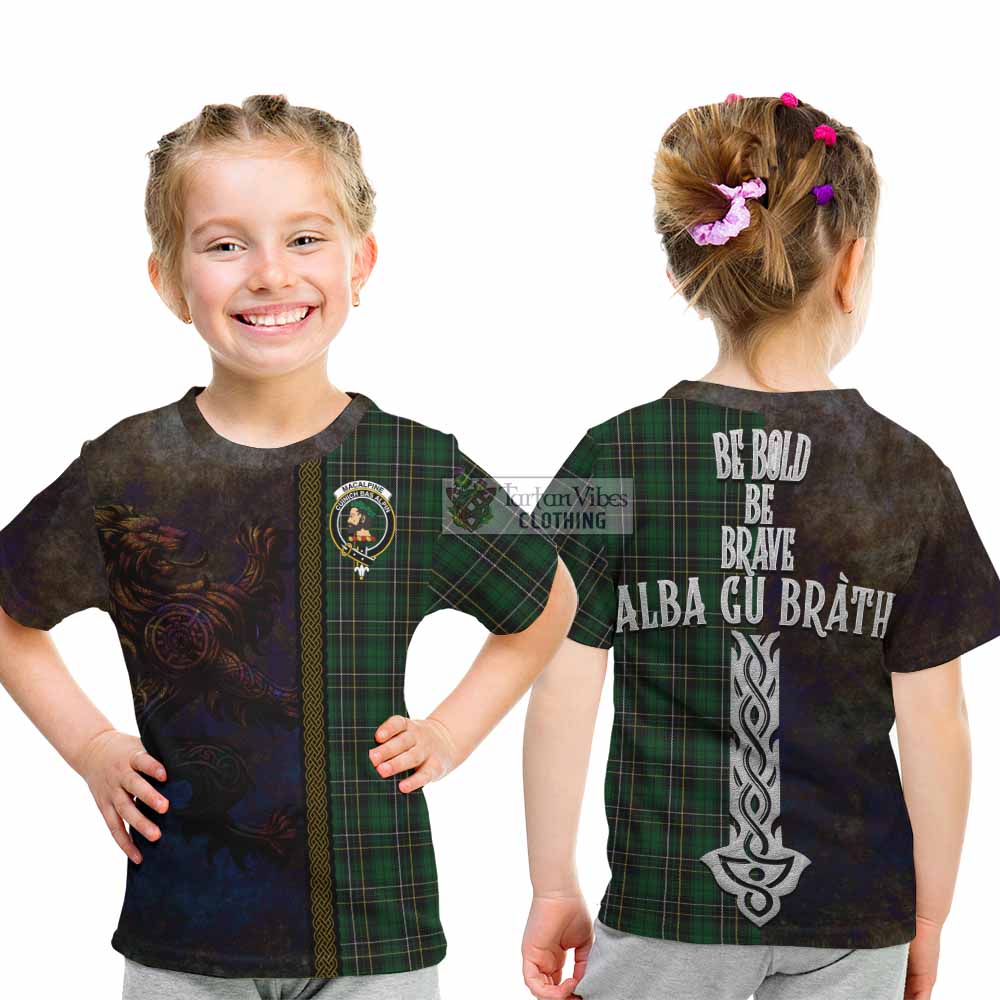 Tartan Vibes Clothing MacAlpine (MacAlpin) Tartan Family Crest Kid T-Shirt Alba Gu Brath Be Brave Lion Ancient Style