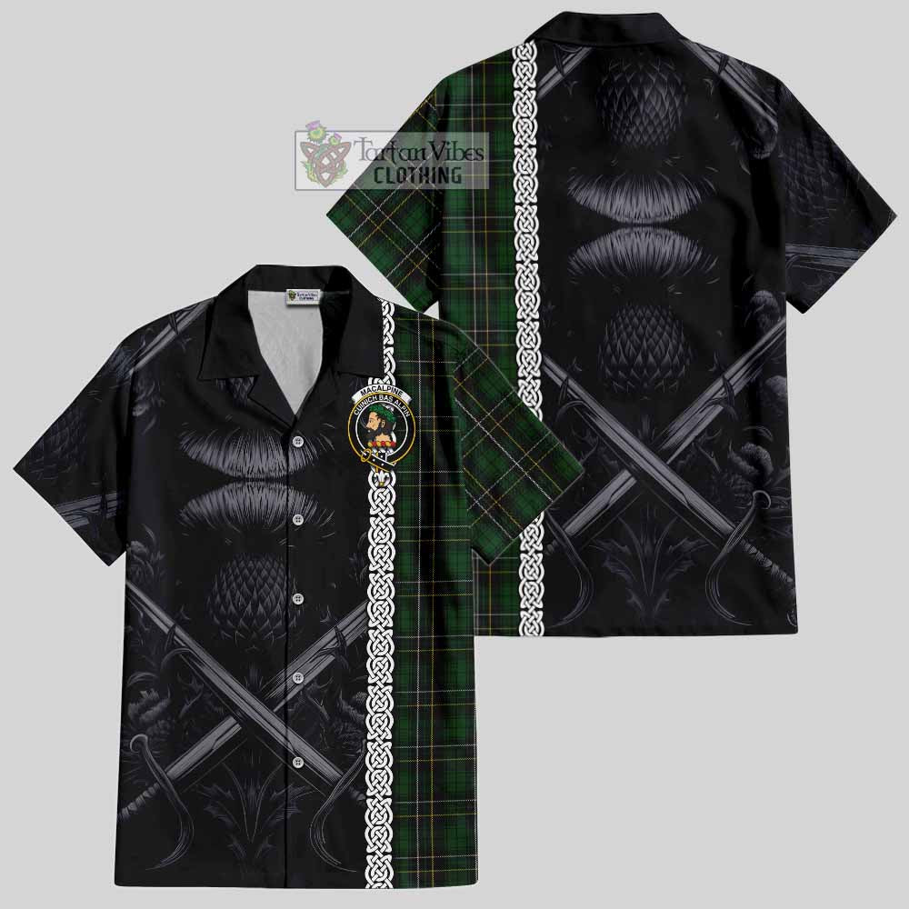 Tartan Vibes Clothing MacAlpine (MacAlpin) Tartan Short Sleeve Button Shirt with Family Crest Cross Sword Thistle Celtic Vibes