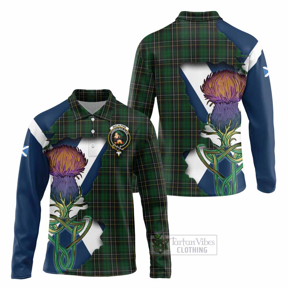Tartan Vibes Clothing MacAlpine (MacAlpin) Tartan Family Crest Long Sleeve Polo Shirt Scottish Thistle Celtic Inspired