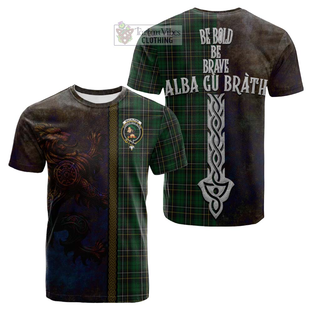 Tartan Vibes Clothing MacAlpine (MacAlpin) Tartan Family Crest Cotton T-shirt Alba Gu Brath Be Brave Lion Ancient Style