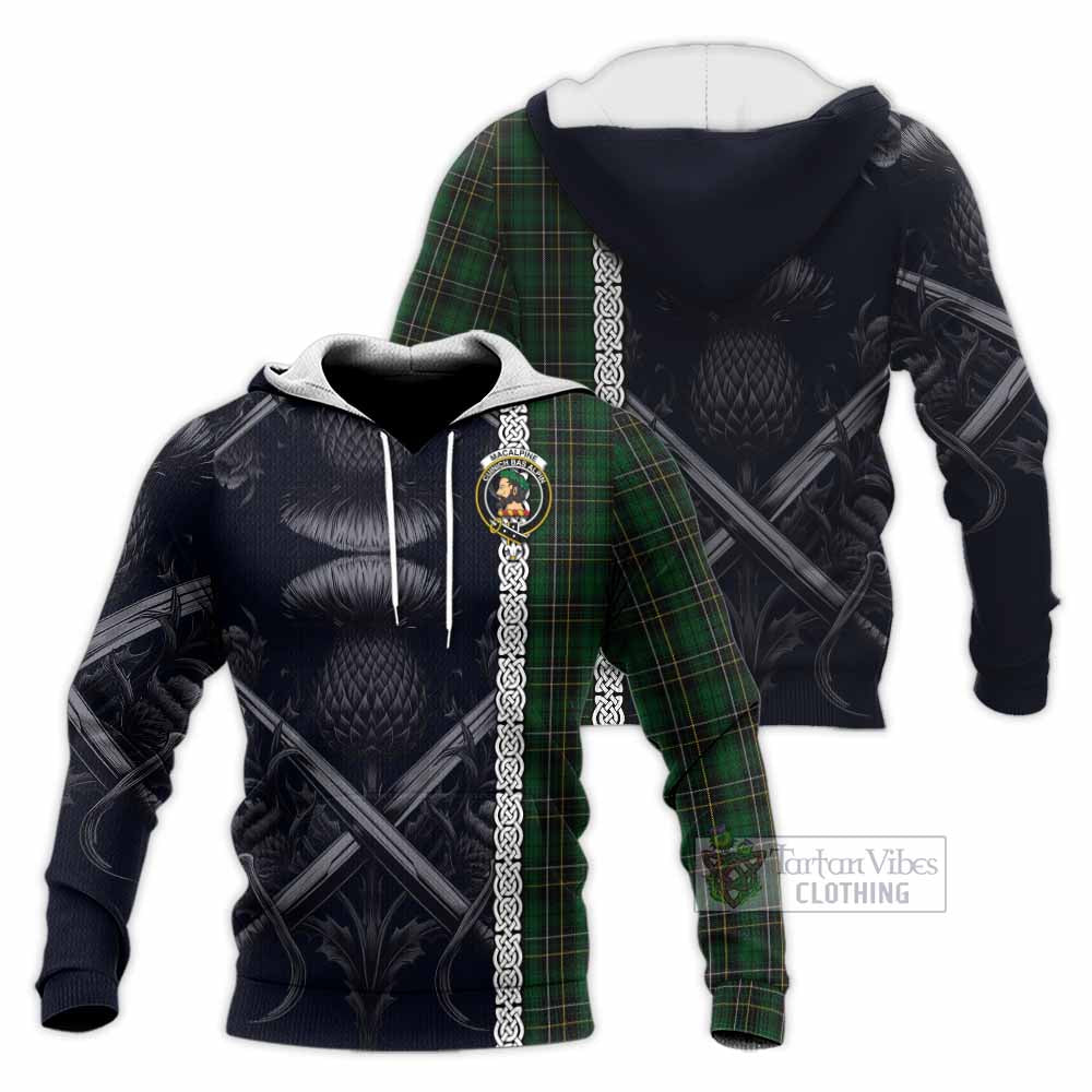 Tartan Vibes Clothing MacAlpine (MacAlpin) Tartan Knitted Hoodie with Family Crest Cross Sword Thistle Celtic Vibes