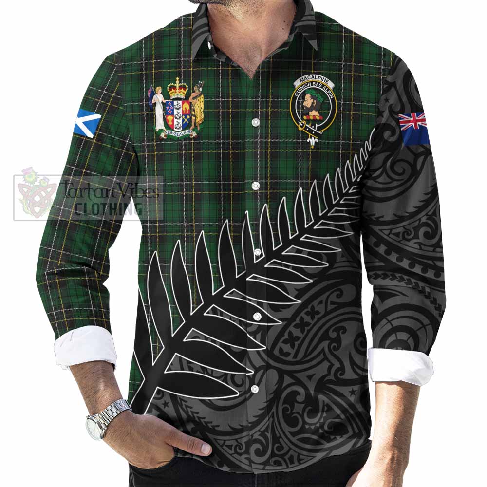 Tartan Vibes Clothing MacAlpine (MacAlpin) Crest Tartan Long Sleeve Button Shirt with New Zealand Silver Fern Half Style