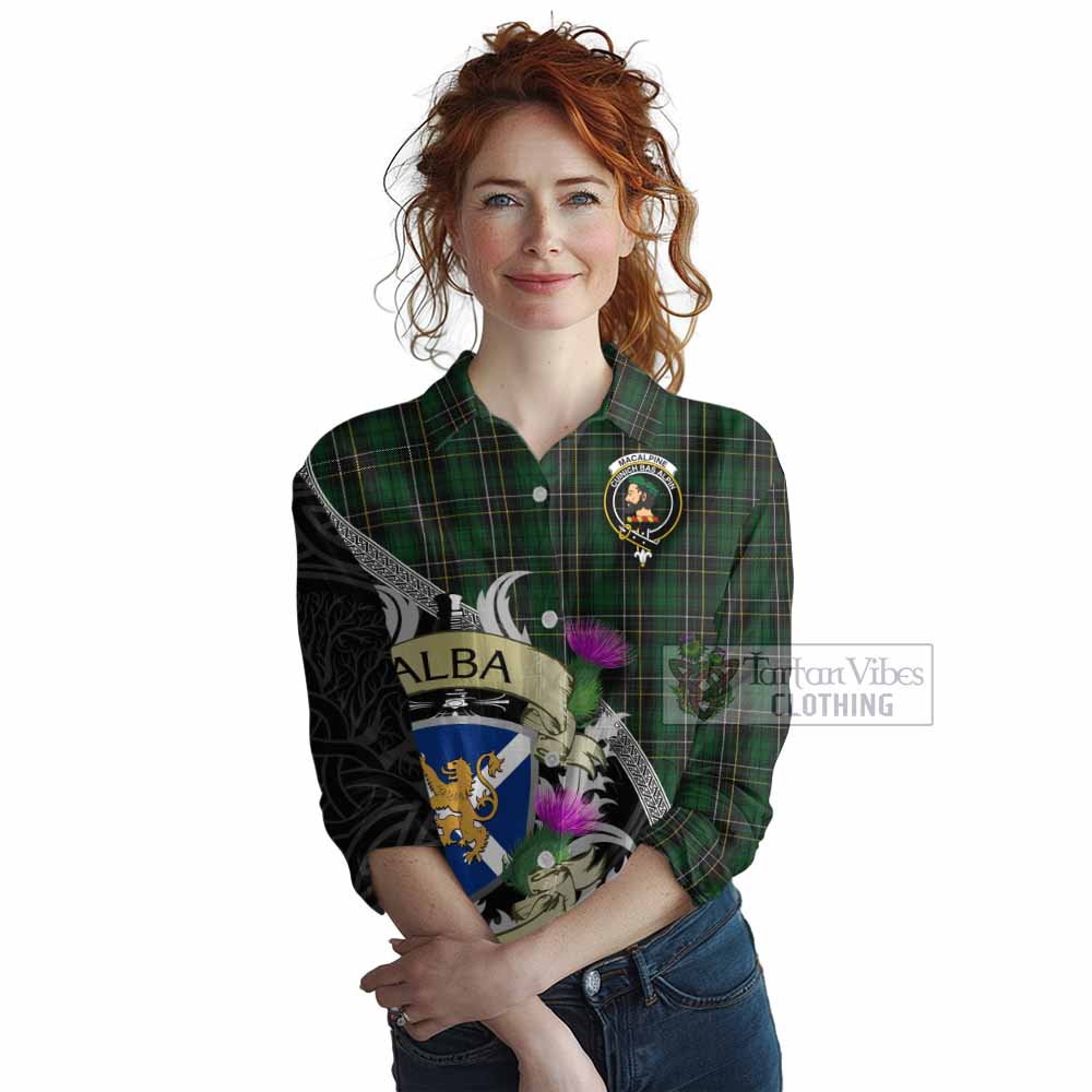 Tartan Vibes Clothing MacAlpine (MacAlpin) Tartan Family Crest Women's Casual Shirt Lion Rampant Royal Thistle Shield Celtic Inspired