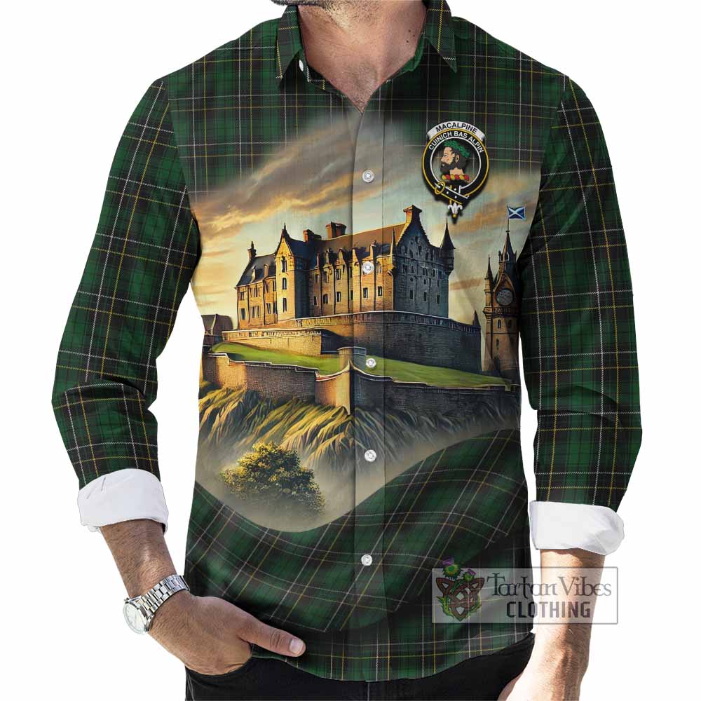 Tartan Vibes Clothing MacAlpine (MacAlpin) Tartan Family Crest Long Sleeve Button Shirt with Scottish Ancient Castle Style