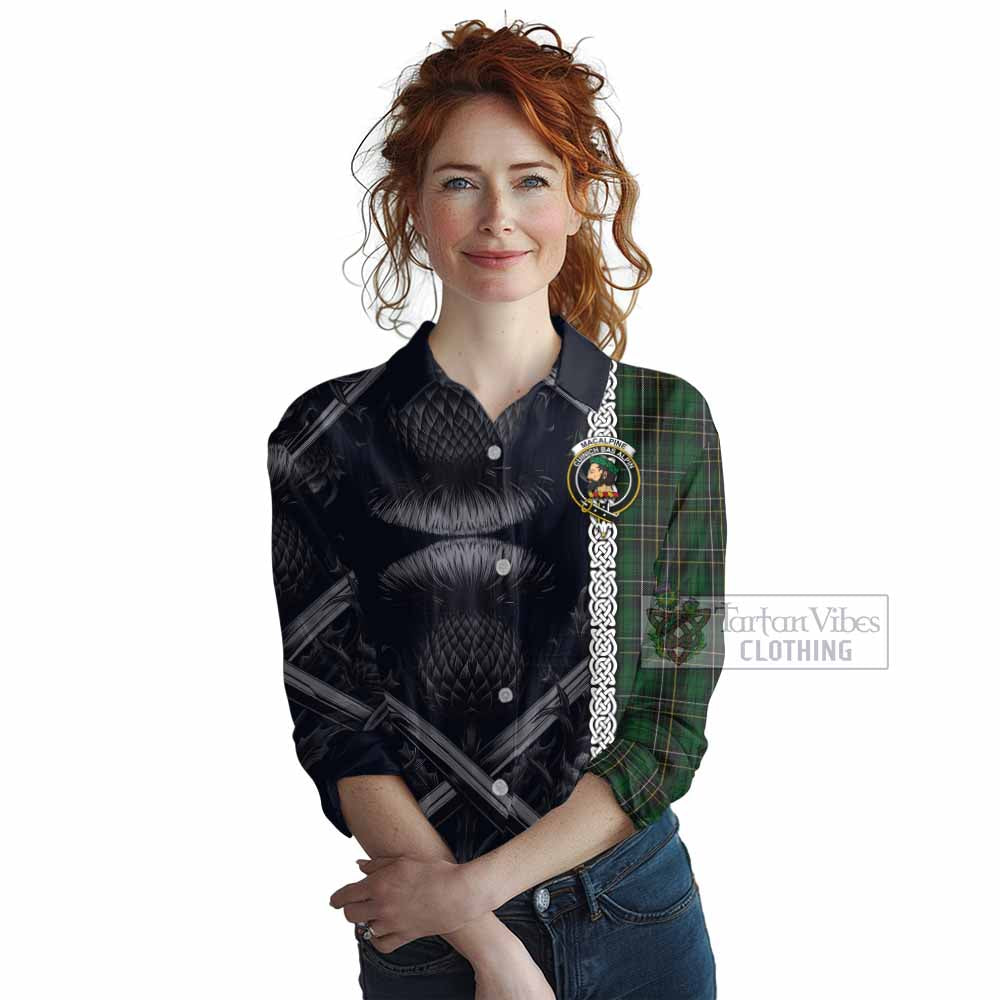 Tartan Vibes Clothing MacAlpine (MacAlpin) Tartan Women's Casual Shirt with Family Crest Cross Sword Thistle Celtic Vibes
