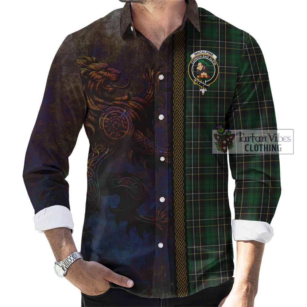Tartan Vibes Clothing MacAlpine (MacAlpin) Tartan Family Crest Long Sleeve Button Shirt Alba Gu Brath Be Brave Lion Ancient Style