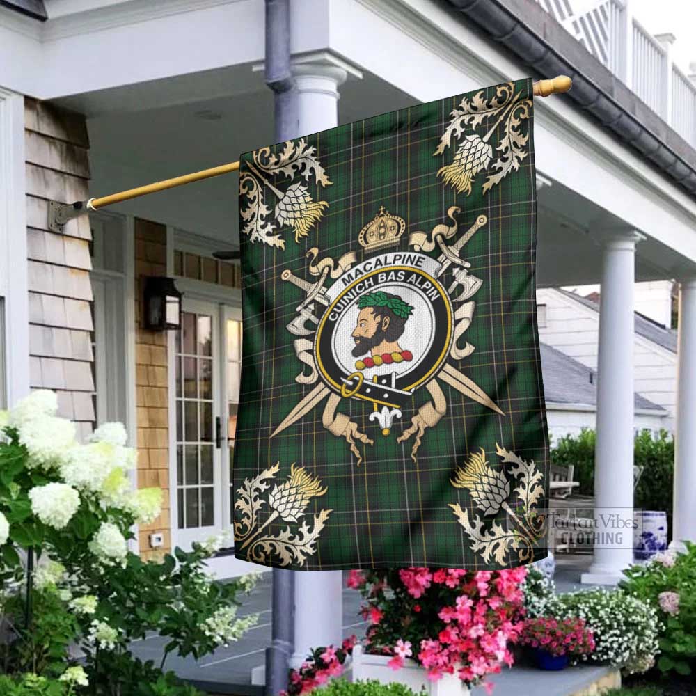 Tartan Vibes Clothing MacAlpine (MacAlpin) Tartan Flag with Family Crest and Golden Thistle Crossed Sword Design