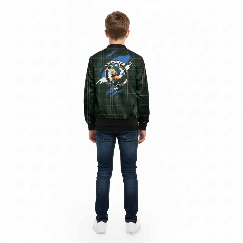 MacAlpine (MacAlpin) Clan Crest In Me Tartan Kid Bomber Jacket Scotland Flag Style