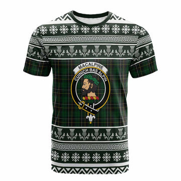 MacAlpine (MacAlpin) Clan Tartan Christmas Cotton T-shirt with Family Crest