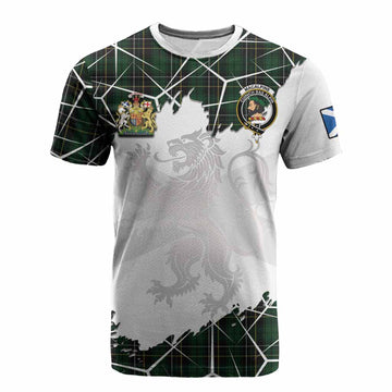 MacAlpine (MacAlpin) Tartan Cotton T-shirt with Family Crest and Lion Rampant Grunge Style