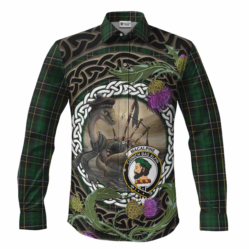 MacAlpine (MacAlpin) Tartan Crest Bagpipe Nessie Long Sleeve Button Shirts Scottish Loch Ness Monster Celtic Thistle