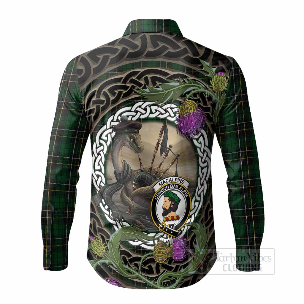 MacAlpine (MacAlpin) Tartan Crest Bagpipe Nessie Long Sleeve Button Shirts Scottish Loch Ness Monster Celtic Thistle