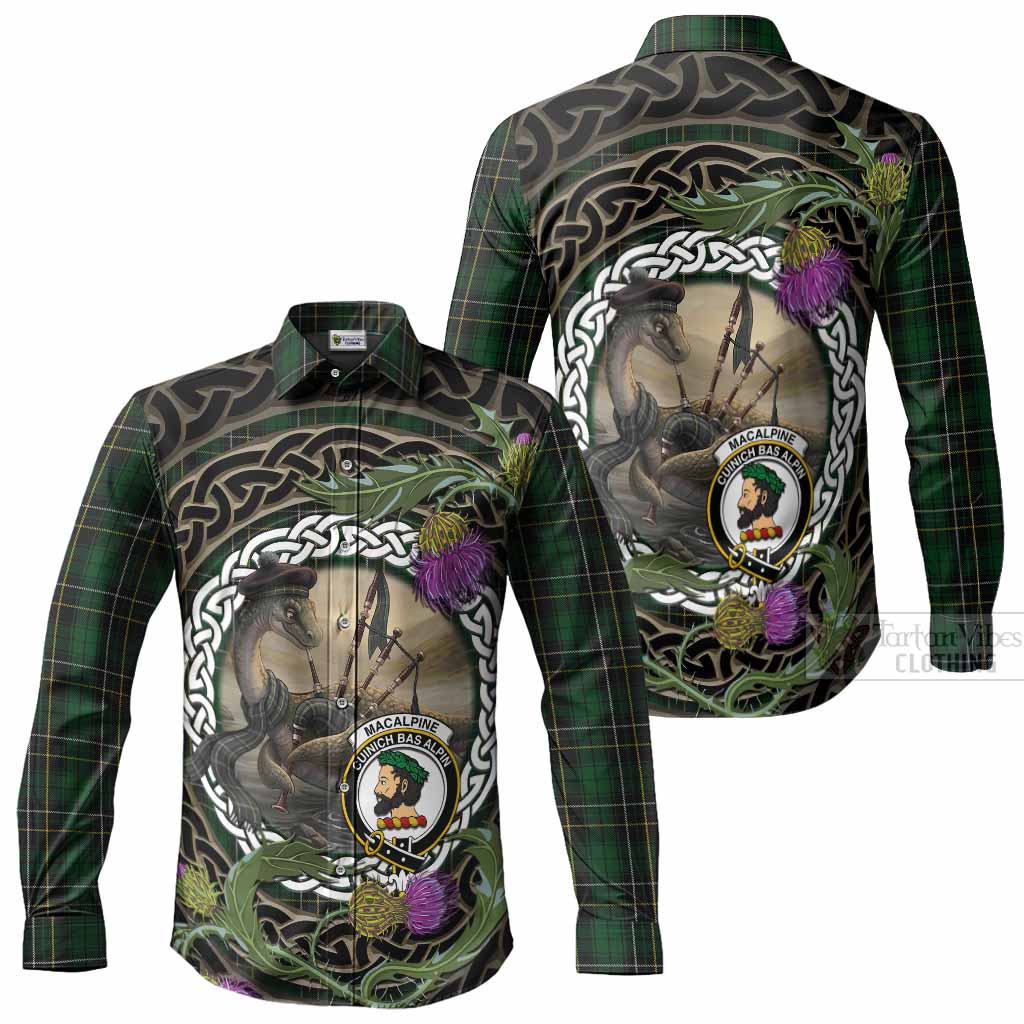 MacAlpine (MacAlpin) Tartan Crest Bagpipe Nessie Long Sleeve Button Shirts Scottish Loch Ness Monster Celtic Thistle