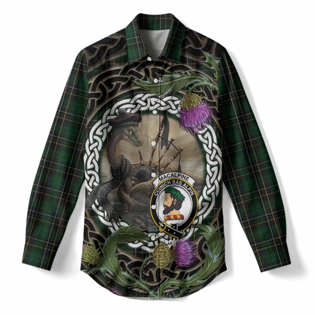 MacAlpine (MacAlpin) Tartan Crest Bagpipe Nessie Women Casual Shirt Scottish Loch Ness Monster Celtic Thistle