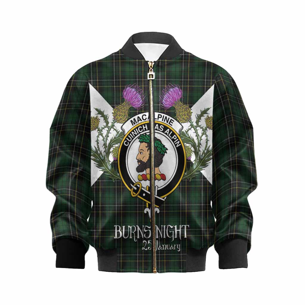 MacAlpine (MacAlpin) Tartan Family Crest Kid Bomber Jacket Scottish Burns Night Thistle Floral