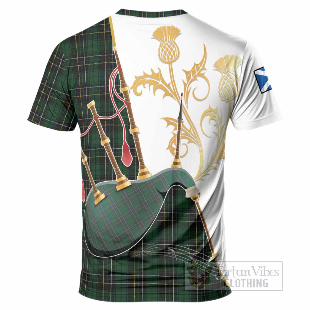 MacAlpine (MacAlpin) Tartan Family Crest T-Shirt Bagpipes with Scottish Thistle