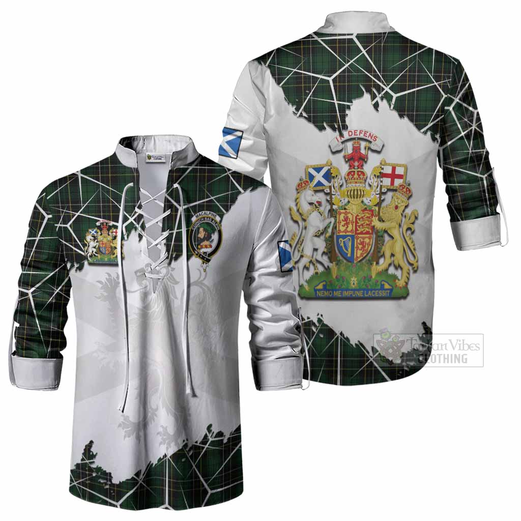 MacAlpine (MacAlpin) Tartan Ghillie Shirt with Family Crest and Lion Rampant Grunge Style