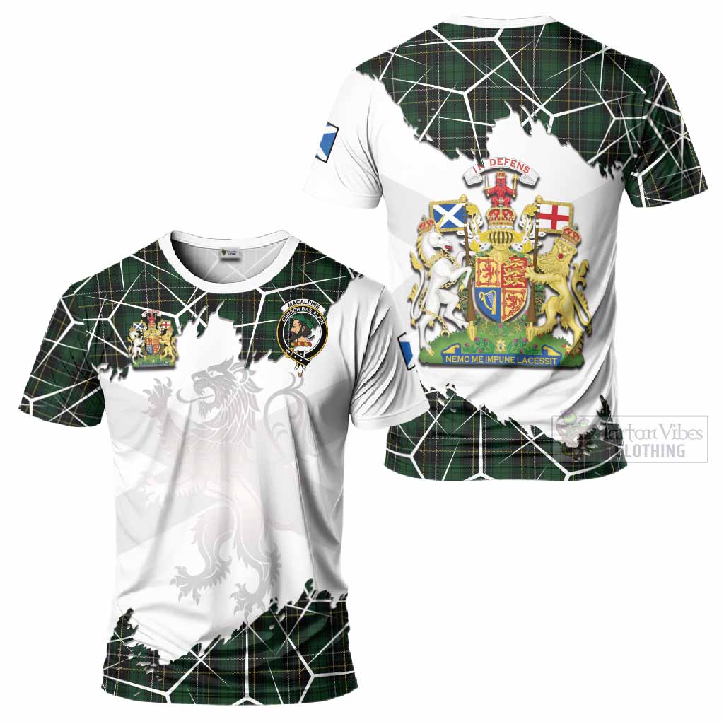 MacAlpine (MacAlpin) Tartan T-Shirt with Family Crest and Lion Rampant Grunge Style