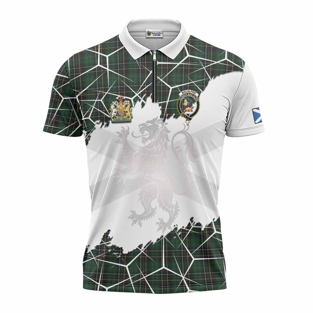 MacAlpine (MacAlpin) Tartan Zipper Polo Shirt with Family Crest and Lion Rampant Grunge Style