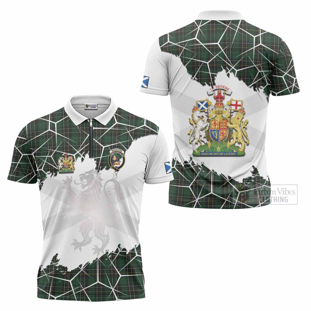 MacAlpine (MacAlpin) Tartan Zipper Polo Shirt with Family Crest and Lion Rampant Grunge Style