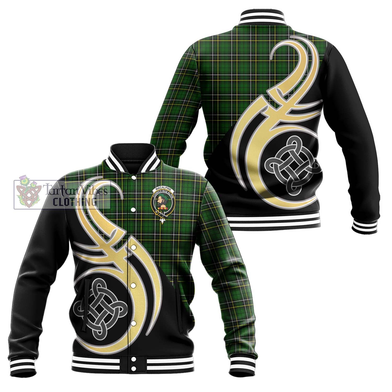 MacAlpine Modern Tartan Baseball Jacket with Family Crest and Celtic Symbol Style Unisex - Tartan Vibes Clothing