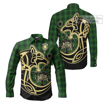 MacArthur (McArthur) Tartan Long Sleeve Button Shirt with Family Crest Celtic Wolf Style