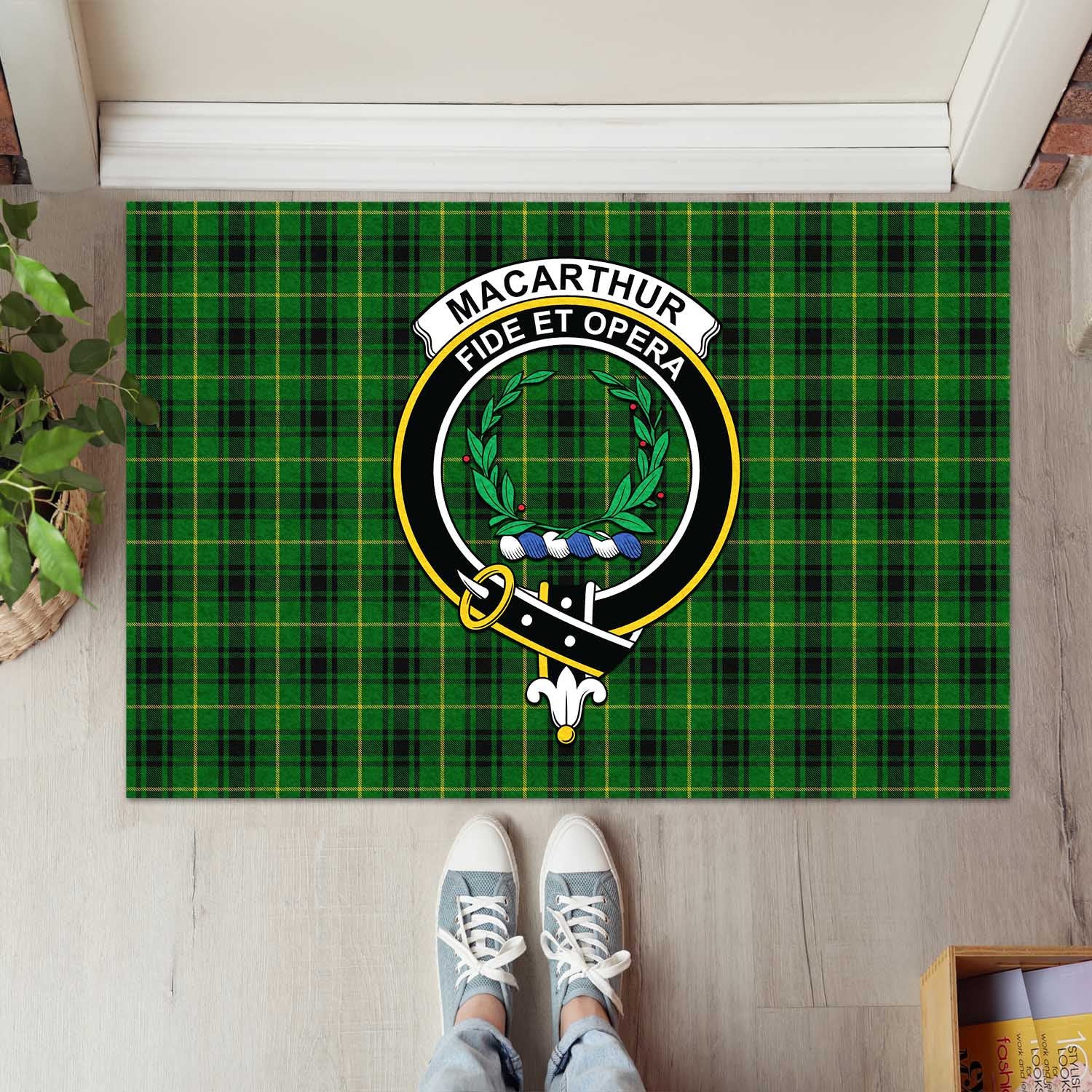 MacArthur Tartan Door Mat with Family Crest - Tartanvibesclothing