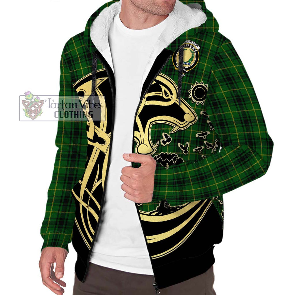 MacArthur (McArthur) Tartan Sherpa Hoodie with Family Crest Celtic Wolf Style Unisex S - Tartan Vibes Clothing