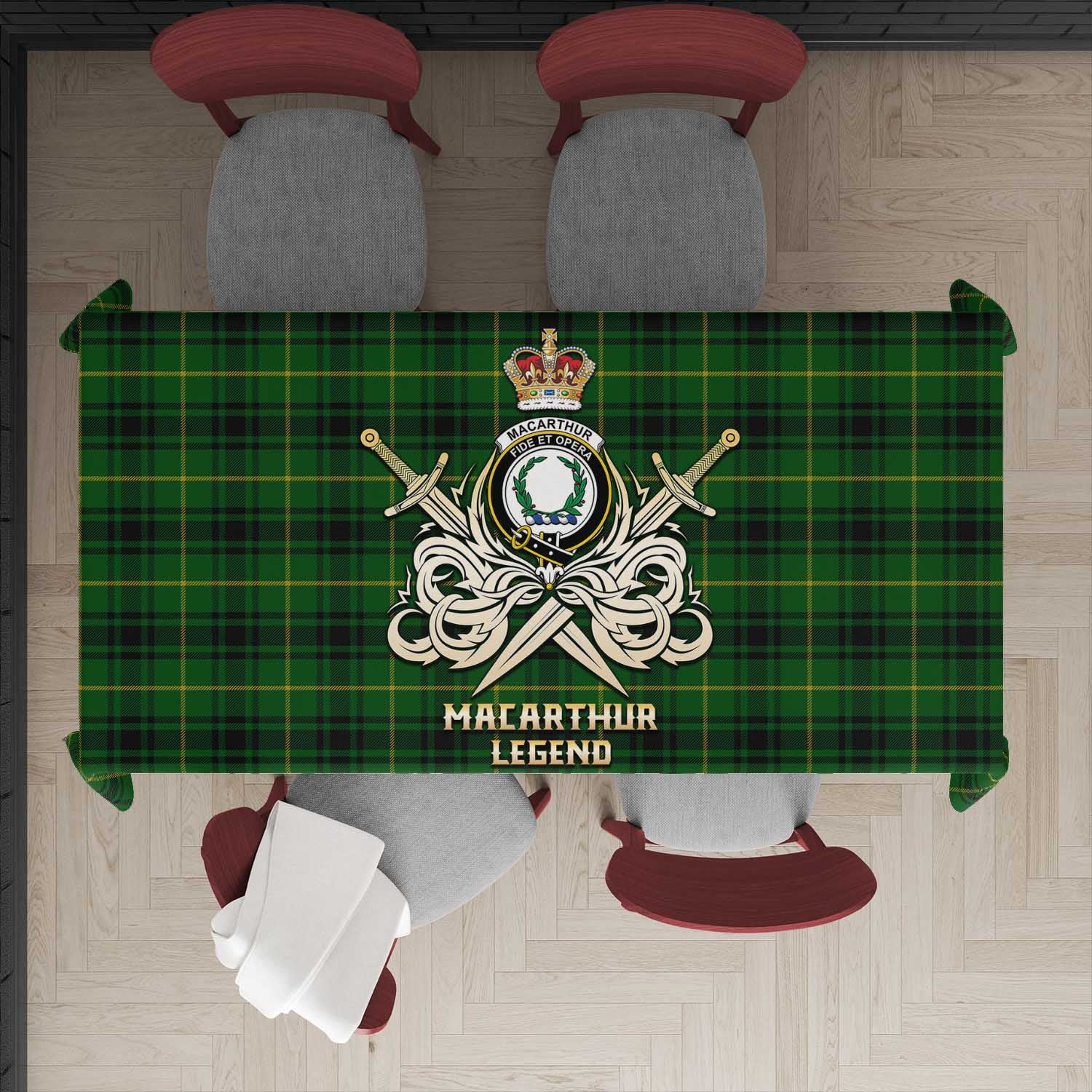 Tartan Vibes Clothing MacArthur Tartan Tablecloth with Clan Crest and the Golden Sword of Courageous Legacy