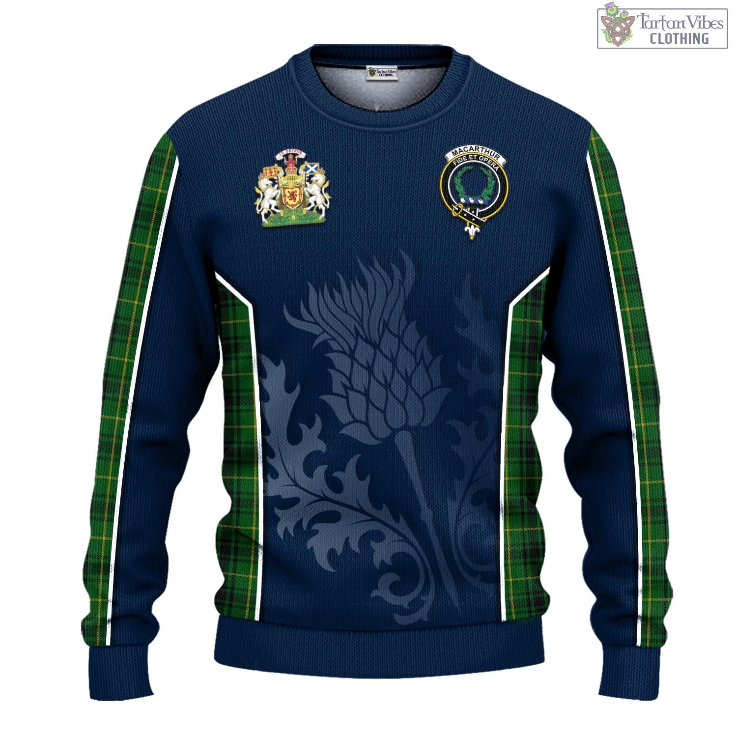 Tartan Vibes Clothing MacArthur Tartan Knitted Sweatshirt with Family Crest and Scottish Thistle Vibes Sport Style